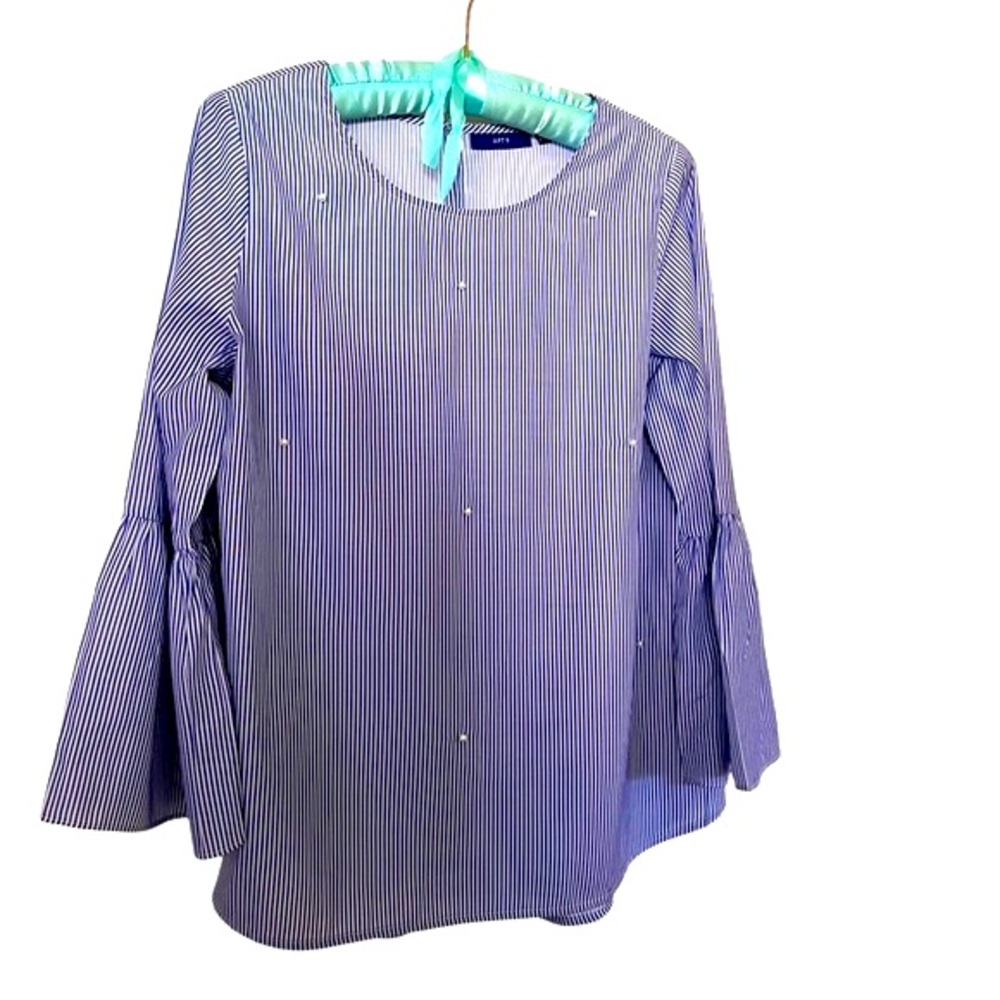 Apt. 9 Embellished Bell Sleeve Blue & White Stripe with Pearls Small